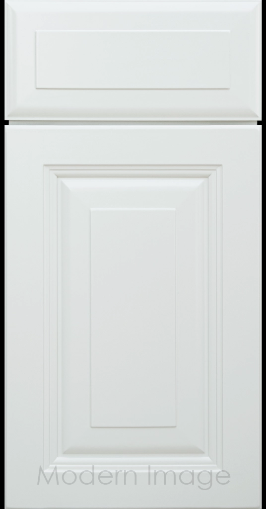 Durango raised panel cabinet door in a Dew matte finish featuring a stepped molded frame.